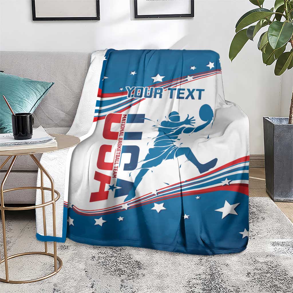 Basketball blanket on gray couch with blue-and-white stars, red stripes, and centered basketball player graphic