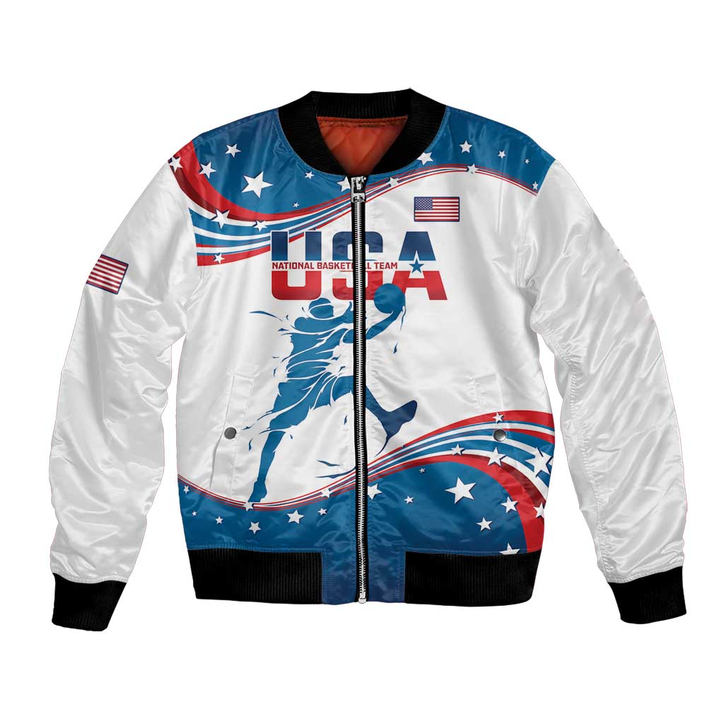 White bomber jacket with navy-blue front zip and USA basketball graphic, black rib trim