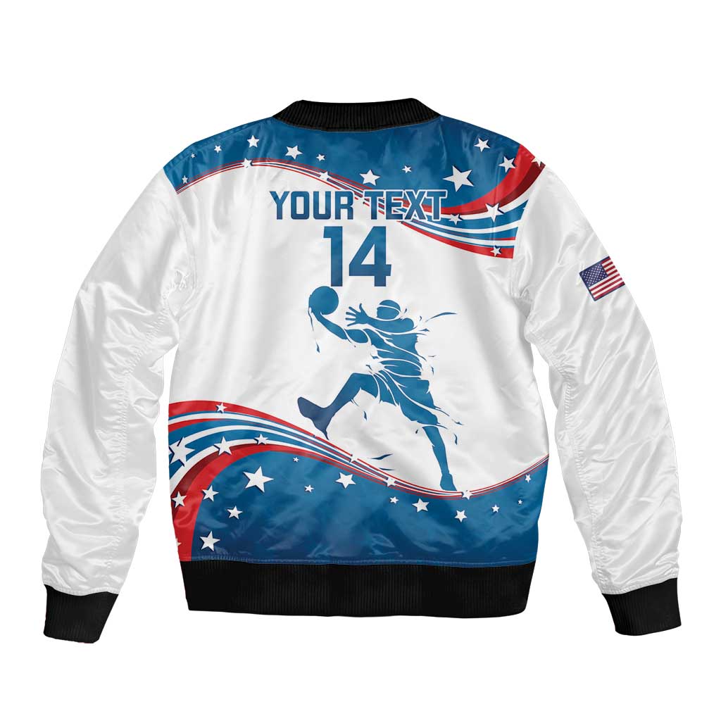 White bomber jacket back with YOUR TEXT 14 print, USA flag accents, black rib trim