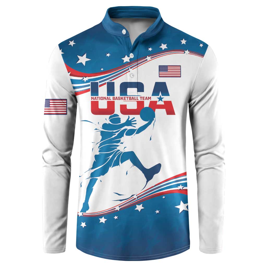 White and blue button sweatshirt with USA basketball graphic, stars, long sleeves