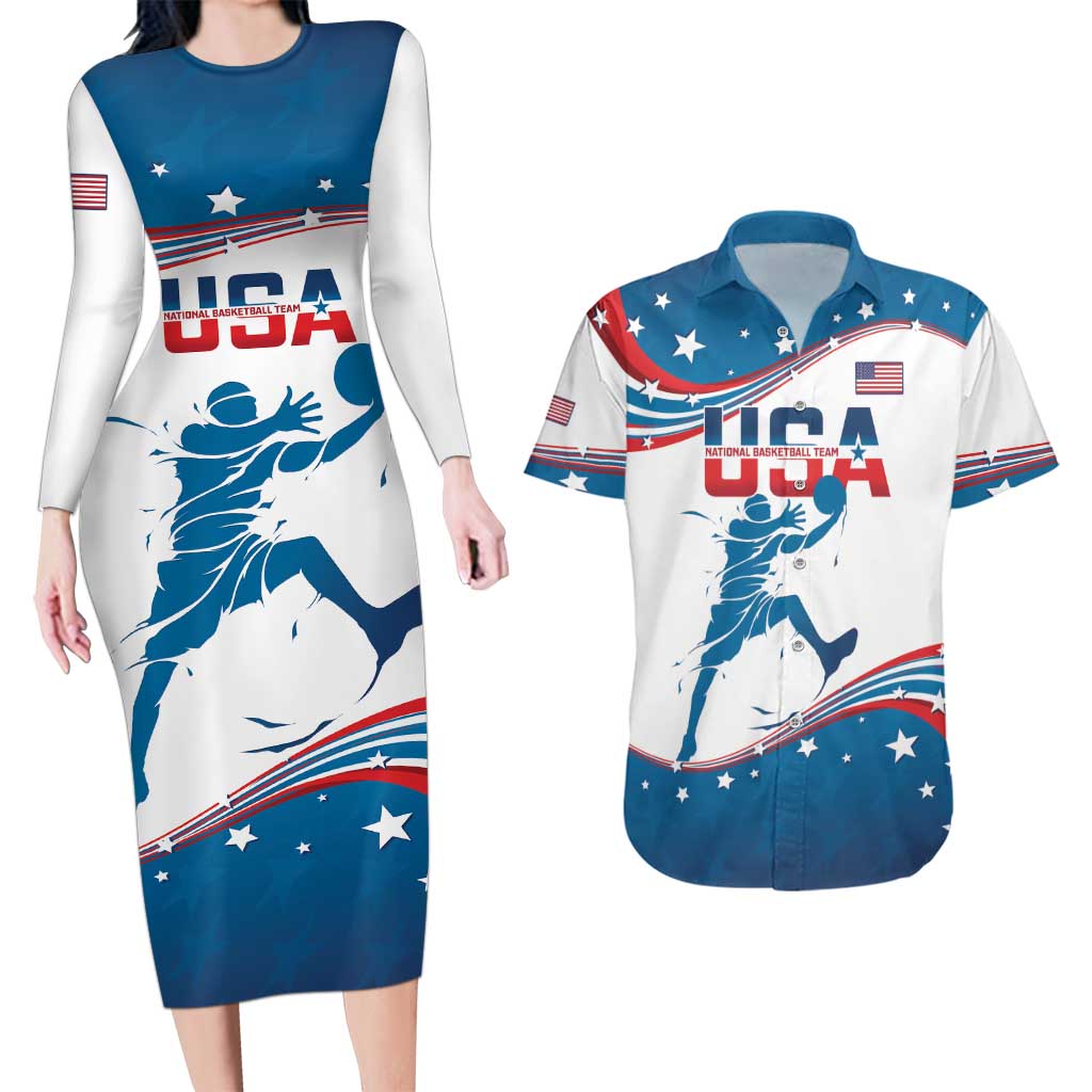 Custom USA Basketball Couples Matching Long Sleeve Bodycon Dress and Hawaiian Shirt 2024 Go Dream Team Curve Style - Wonder Print Shop