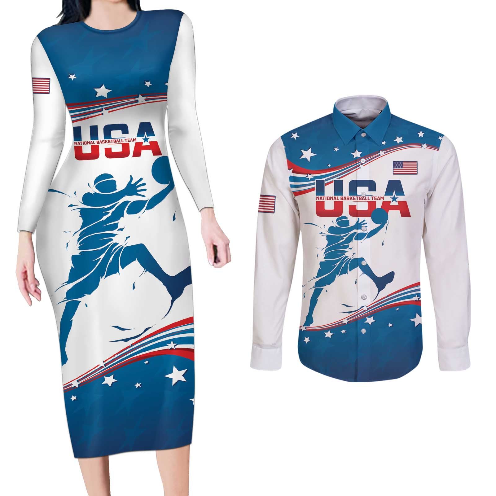 Custom USA Basketball Couples Matching Long Sleeve Bodycon Dress and Long Sleeve Button Shirt 2024 Go Dream Team Curve Style - Wonder Print Shop