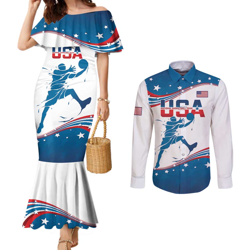 Custom USA Basketball Couples Matching Mermaid Dress and Long Sleeve Button Shirt 2024 Go Dream Team Curve Style