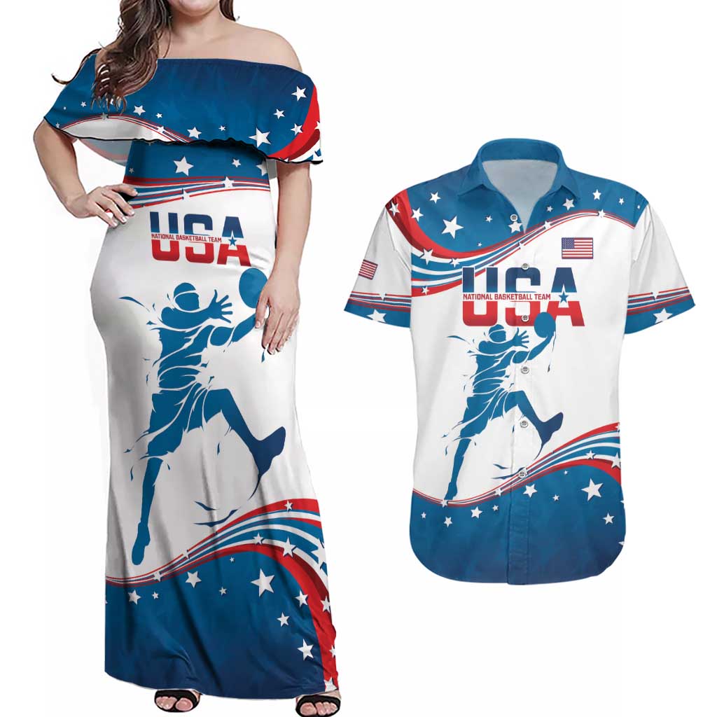 Custom USA Basketball Couples Matching Off Shoulder Maxi Dress and Hawaiian Shirt 2024 Go Dream Team Curve Style - Wonder Print Shop