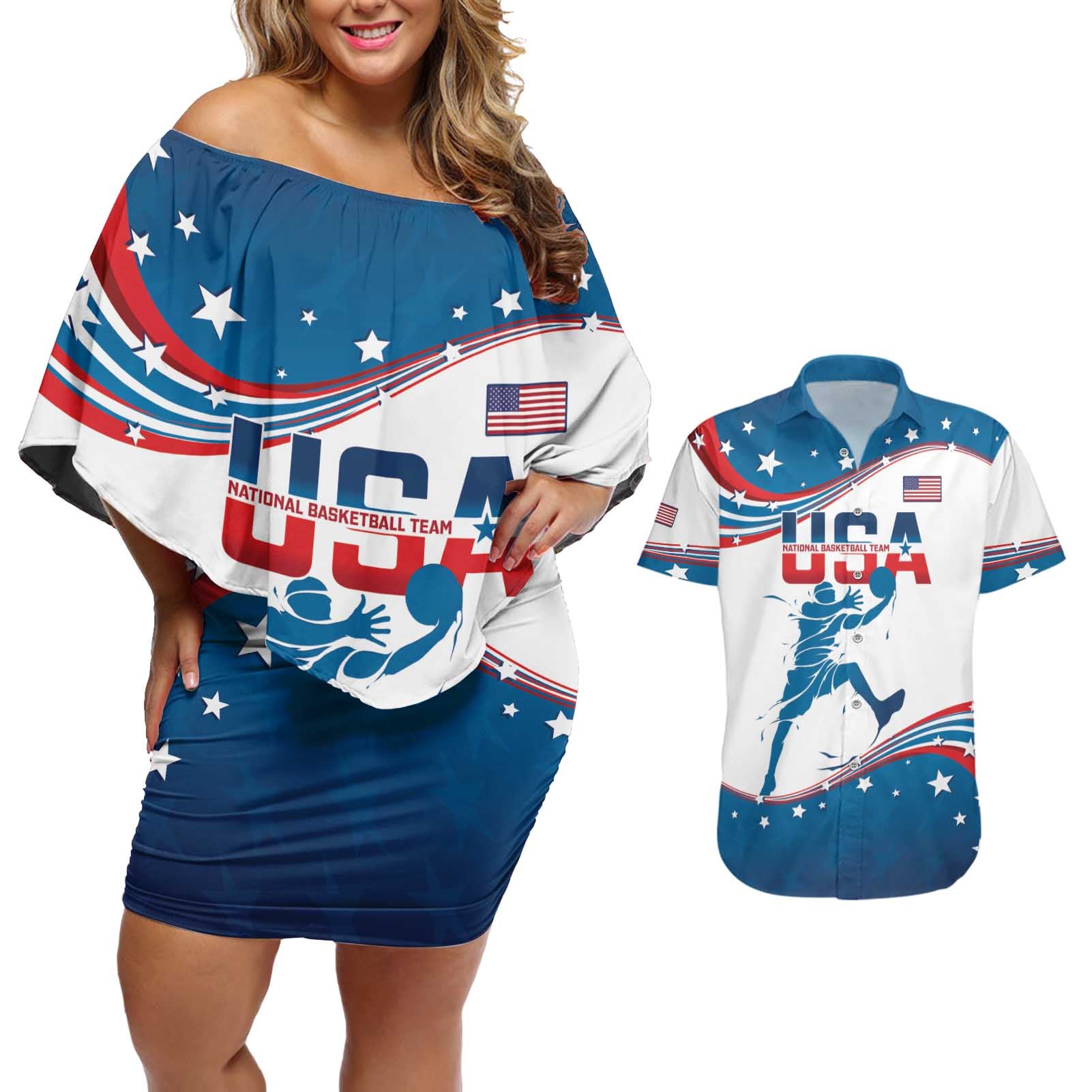 Custom USA Basketball Couples Matching Off Shoulder Short Dress and Hawaiian Shirt 2024 Go Dream Team Curve Style - Wonder Print Shop