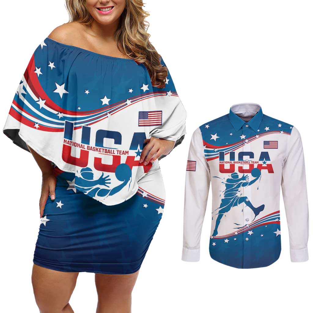 Custom USA Basketball Couples Matching Off Shoulder Short Dress and Long Sleeve Button Shirt 2024 Go Dream Team Curve Style - Wonder Print Shop