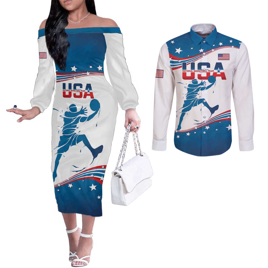 Custom USA Basketball Couples Matching Off The Shoulder Long Sleeve Dress and Long Sleeve Button Shirt 2024 Go Dream Team Curve Style