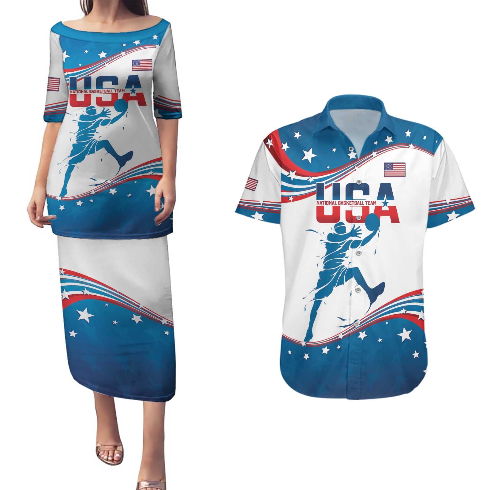 Custom USA Basketball Couples Matching Puletasi and Hawaiian Shirt 2024 Go Dream Team Curve Style - Wonder Print Shop