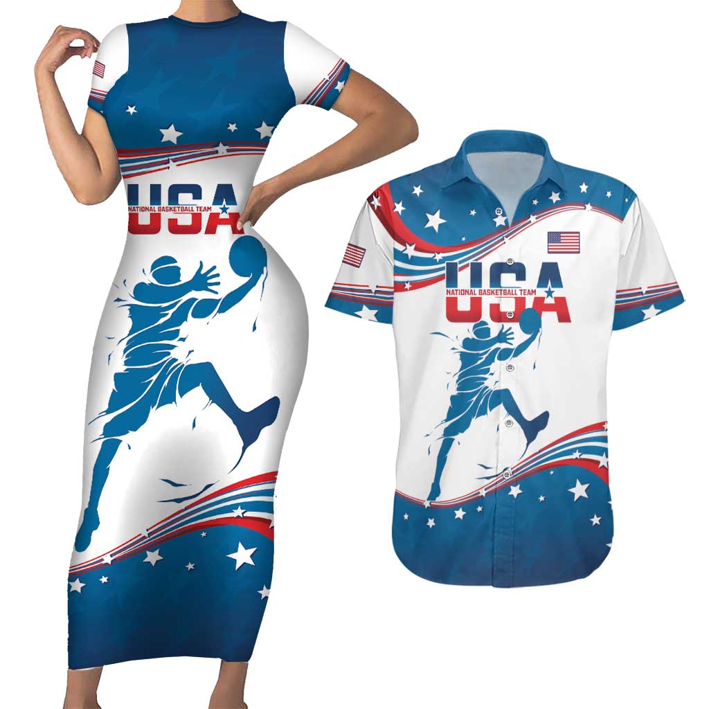 Custom USA Basketball Couples Matching Short Sleeve Bodycon Dress and Hawaiian Shirt 2024 Go Dream Team Curve Style - Wonder Print Shop