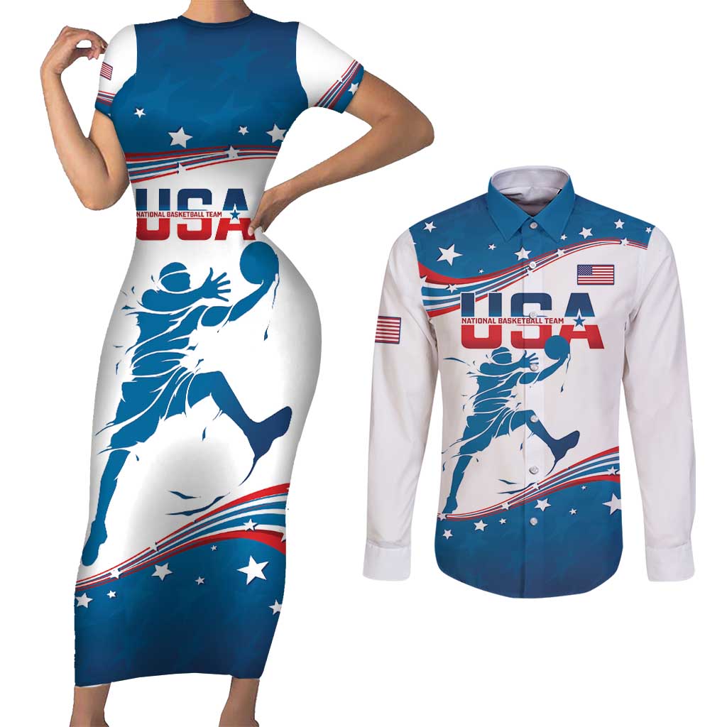 Custom USA Basketball Couples Matching Short Sleeve Bodycon Dress and Long Sleeve Button Shirt 2024 Go Dream Team Curve Style - Wonder Print Shop