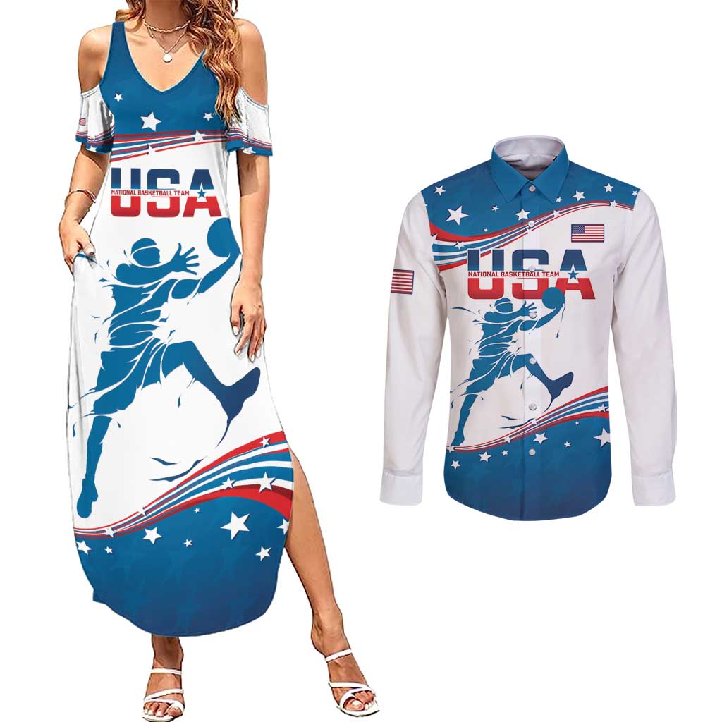 Custom USA Basketball Couples Matching Summer Maxi Dress and Long Sleeve Button Shirt 2024 Go Dream Team Curve Style - Wonder Print Shop