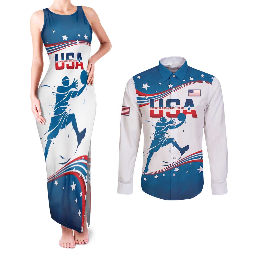 Custom USA Basketball Couples Matching Tank Maxi Dress and Long Sleeve Button Shirt 2024 Go Dream Team Curve Style - Wonder Print Shop