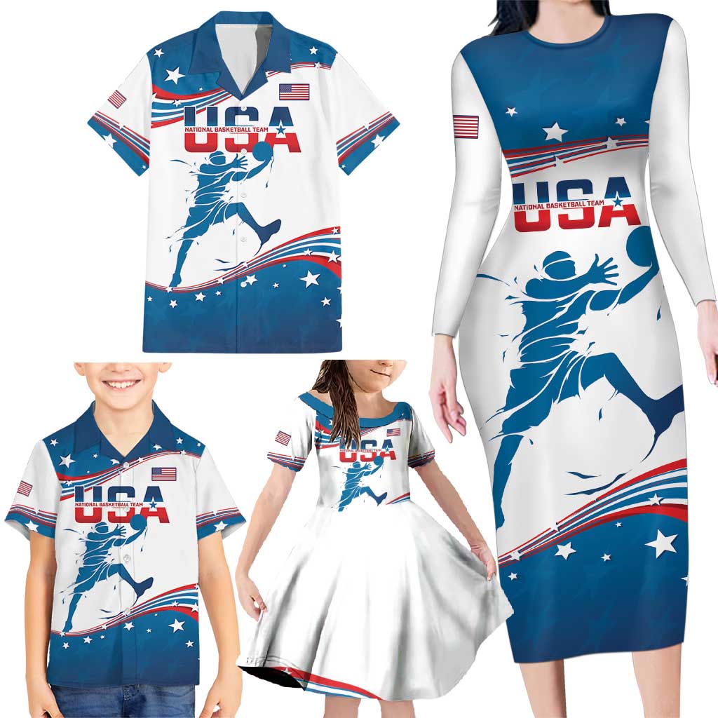 Custom USA Basketball Family Matching Long Sleeve Bodycon Dress and Hawaiian Shirt 2024 Go Dream Team Curve Style - Wonder Print Shop