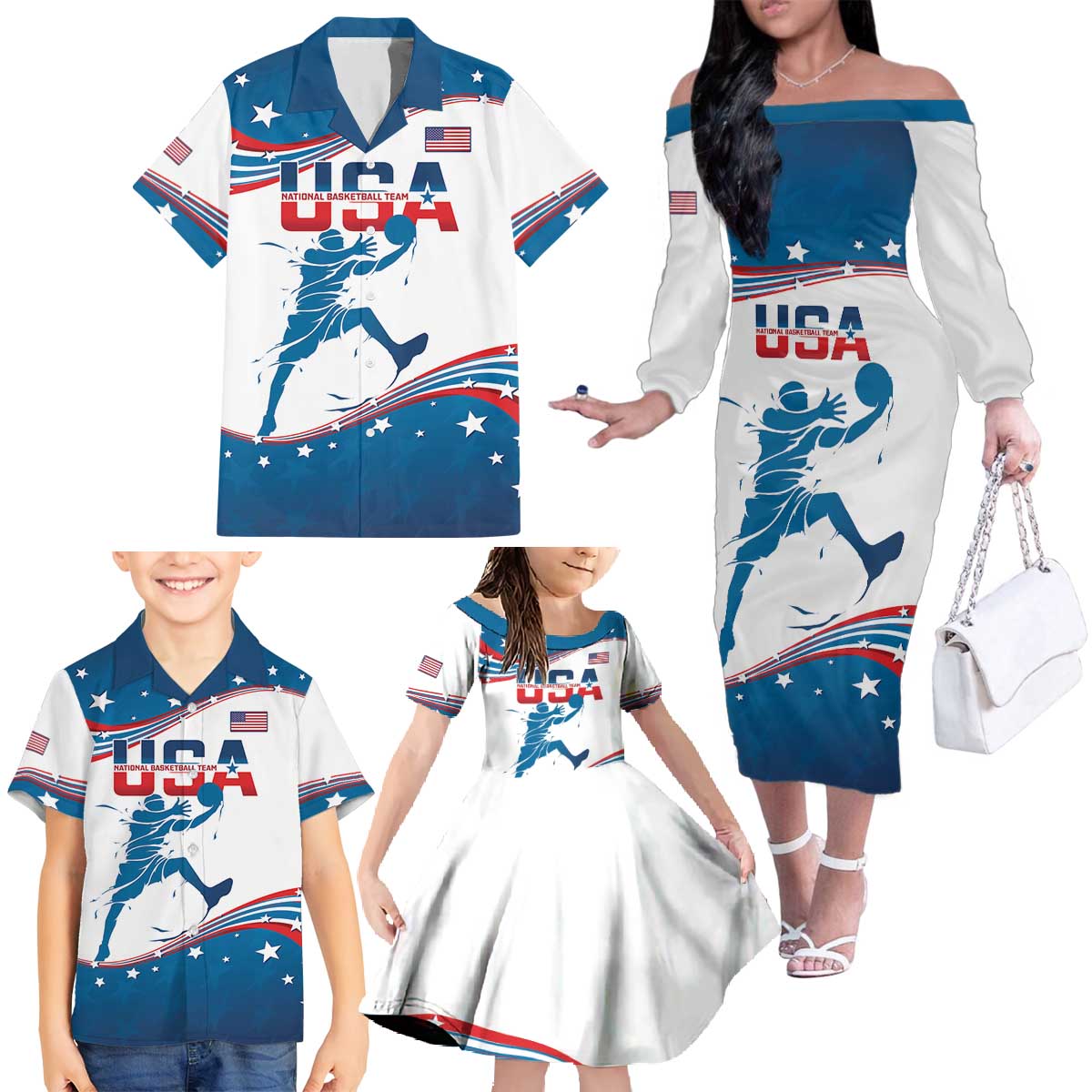 Custom USA Basketball Family Matching Off The Shoulder Long Sleeve Dress and Hawaiian Shirt 2024 Go Dream Team Curve Style - Wonder Print Shop