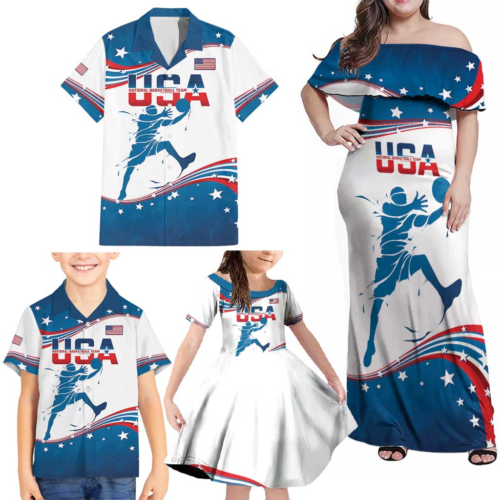 Custom USA Basketball Family Matching Off Shoulder Maxi Dress and Hawaiian Shirt 2024 Go Dream Team Curve Style - Wonder Print Shop