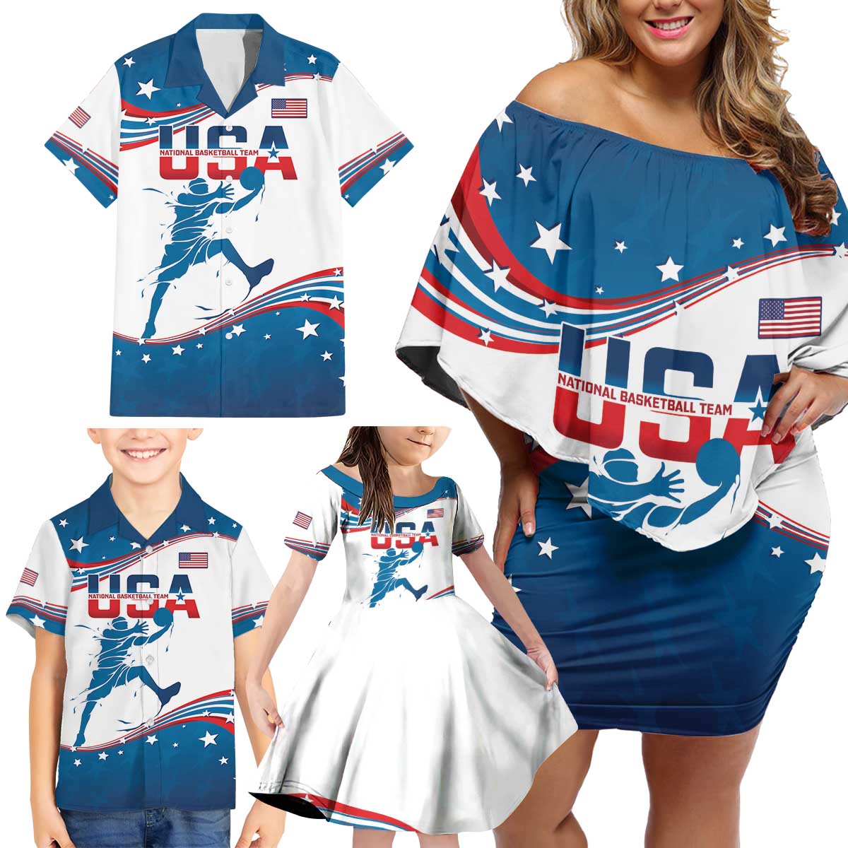 Custom USA Basketball Family Matching Off Shoulder Short Dress and Hawaiian Shirt 2024 Go Dream Team Curve Style - Wonder Print Shop