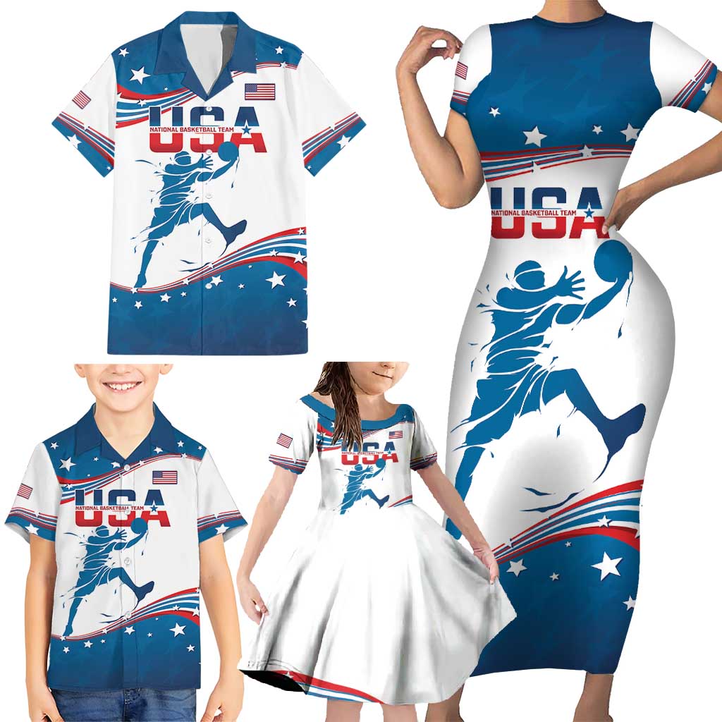 Custom USA Basketball Family Matching Short Sleeve Bodycon Dress and Hawaiian Shirt 2024 Go Dream Team Curve Style - Wonder Print Shop