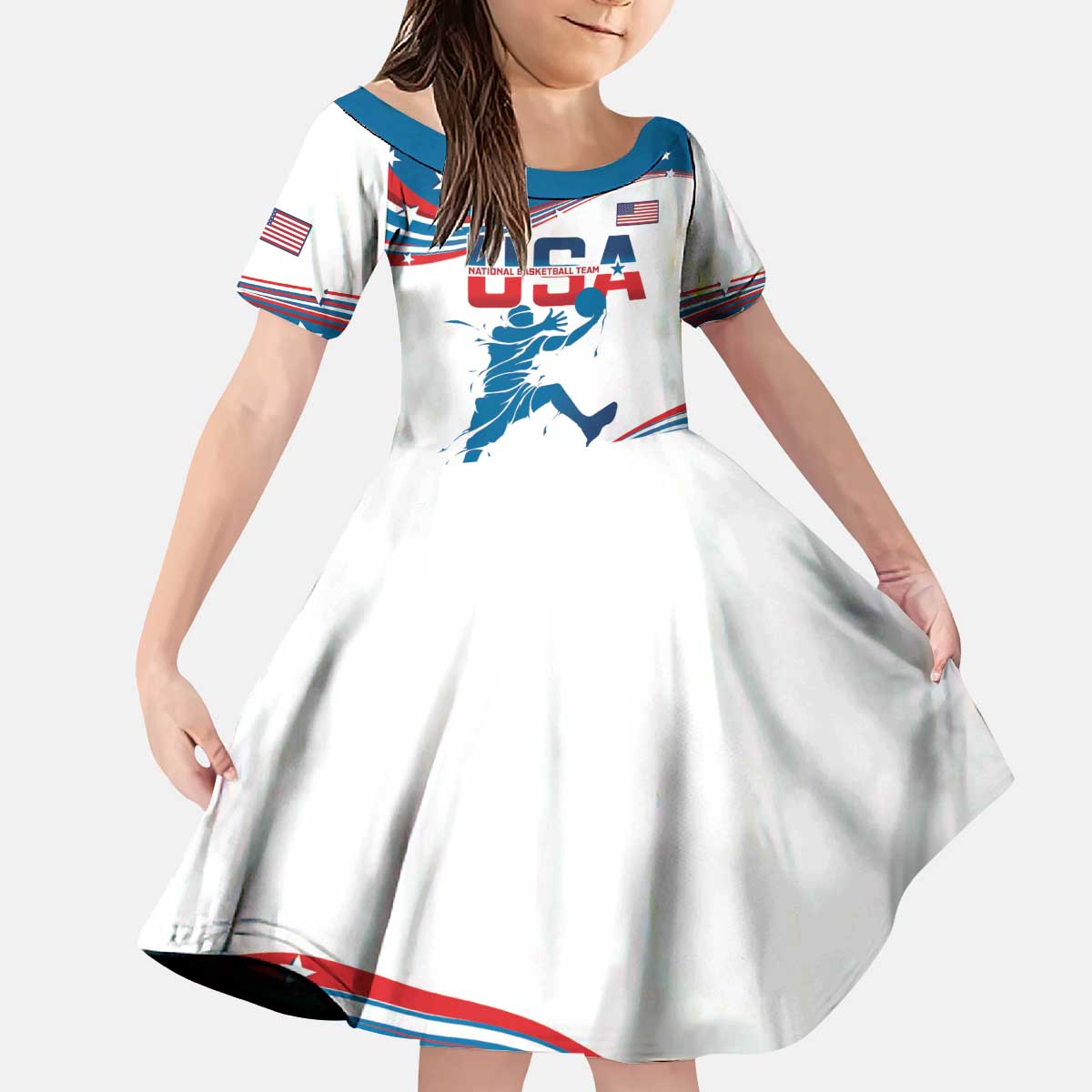 Custom USA Basketball Kid Short Sleeve Dress 2024 Go Dream Team Curve Style - Wonder Print Shop