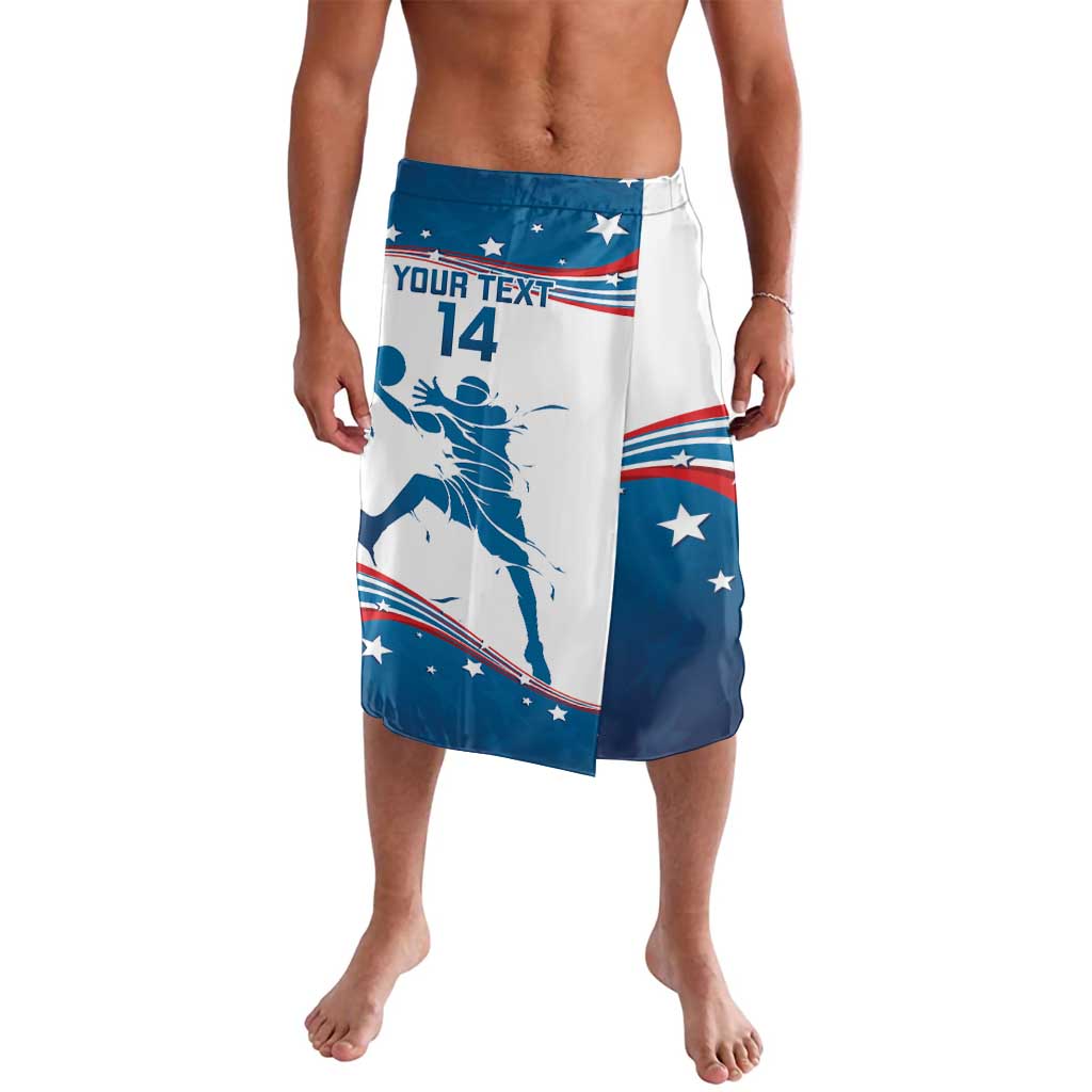 White and blue graphic basketball shorts, front view with stars and player silhouette