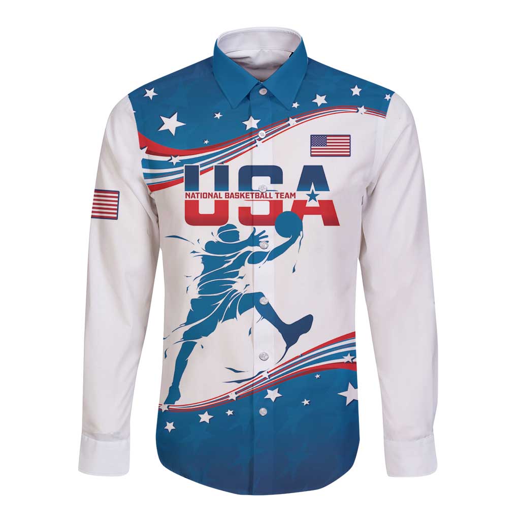 White long sleeve button shirt with blue/red basketball player graphic and USA stars on front