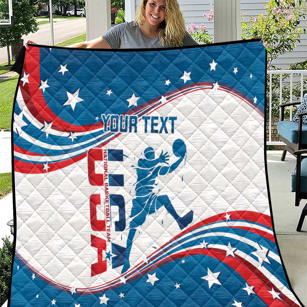 USA basketball quilt close view with bold blue star accents, red-and-white player and text