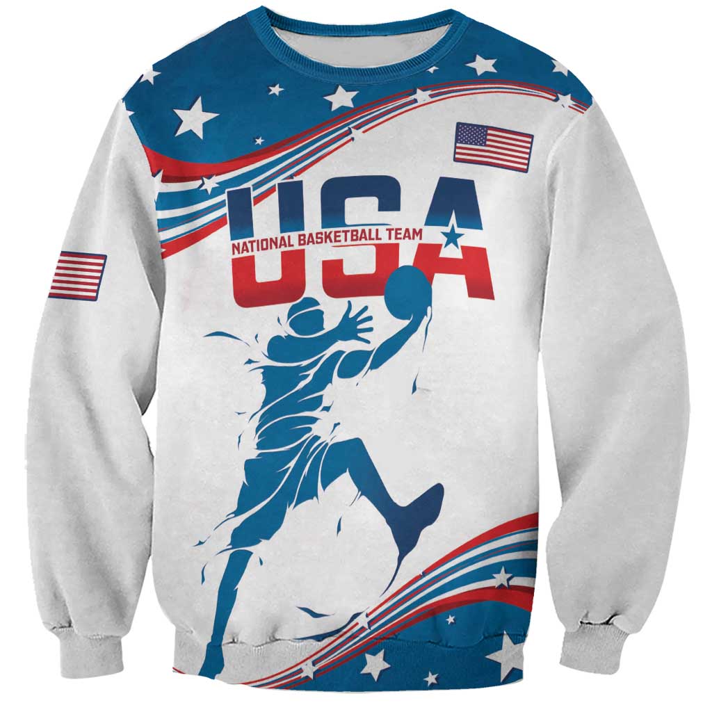 White basketball sweatshirt with blue stars-and-stripes graphic, tall UCA text, and sleeve USA flag