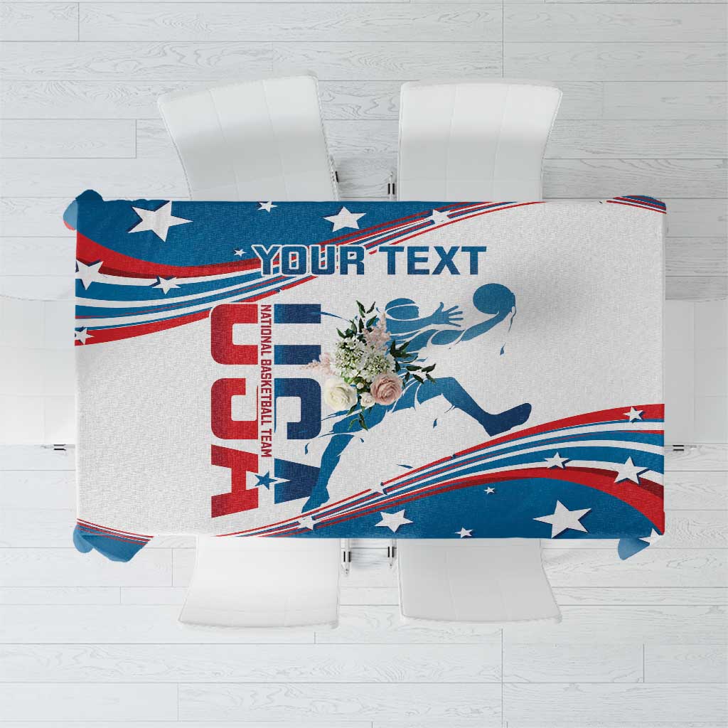 USA basketball tablecloth in blue with red/white stars and player graphic design