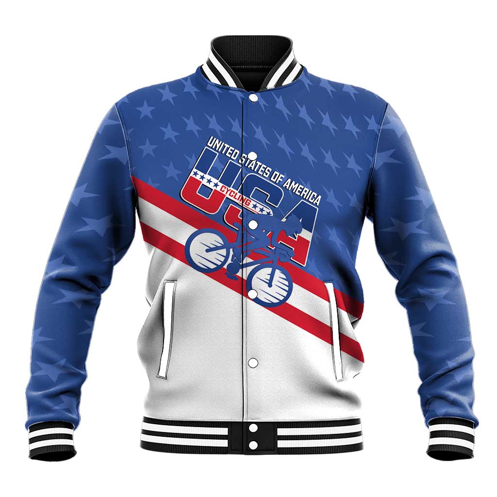 Unisex blue baseball jacket, full-zip with USA bike front graphic and striped collar