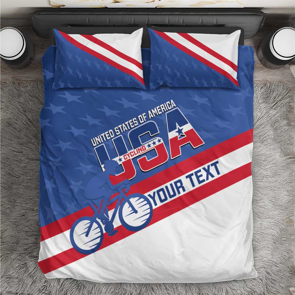 Blue and white USA cycling duvet cover with red stripes and two square pillowcases
