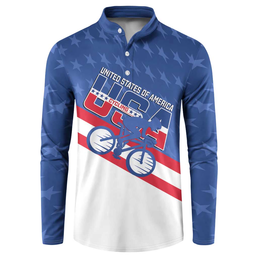 Blue long-sleeve button shirt with star pattern, USA flag bike graphic and crest on front