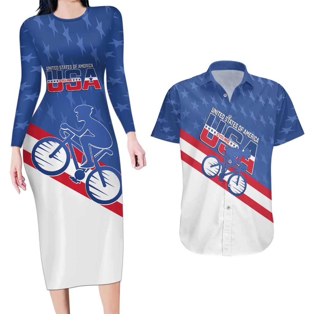 Personalized USA Cycling Couples Matching Long Sleeve Bodycon Dress and Hawaiian Shirt United States Bike Racing Lover - Wonder Print Shop