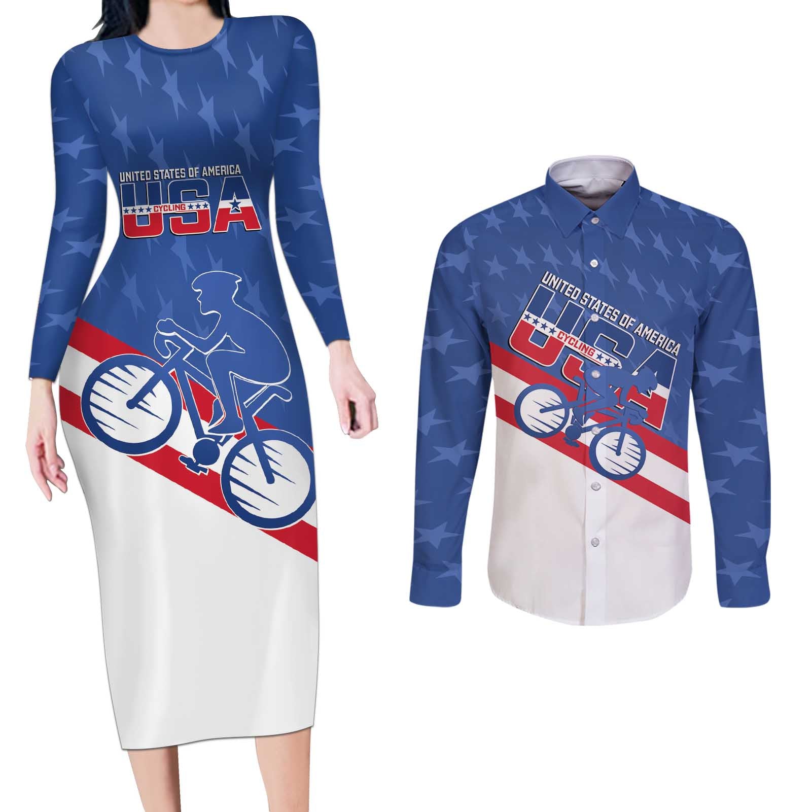 Personalized USA Cycling Couples Matching Long Sleeve Bodycon Dress and Long Sleeve Button Shirt United States Bike Racing Lover - Wonder Print Shop