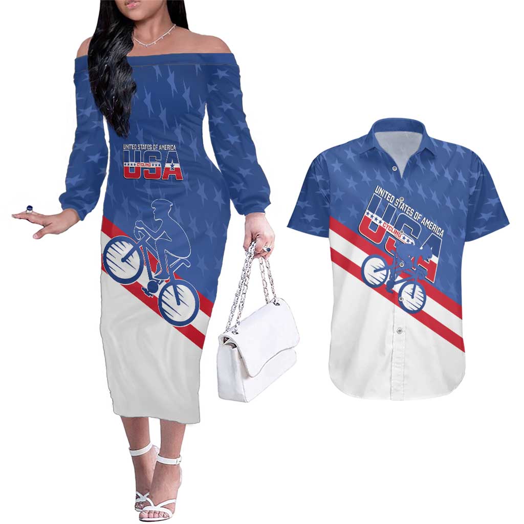 Personalized USA Cycling Couples Matching Off The Shoulder Long Sleeve Dress and Hawaiian Shirt United States Bike Racing Lover - Wonder Print Shop