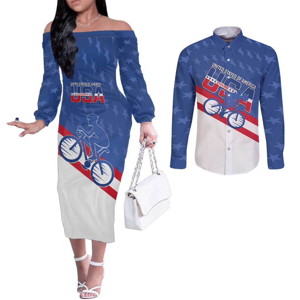 Personalized USA Cycling Couples Matching Off The Shoulder Long Sleeve Dress and Long Sleeve Button Shirt United States Bike Racing Lover