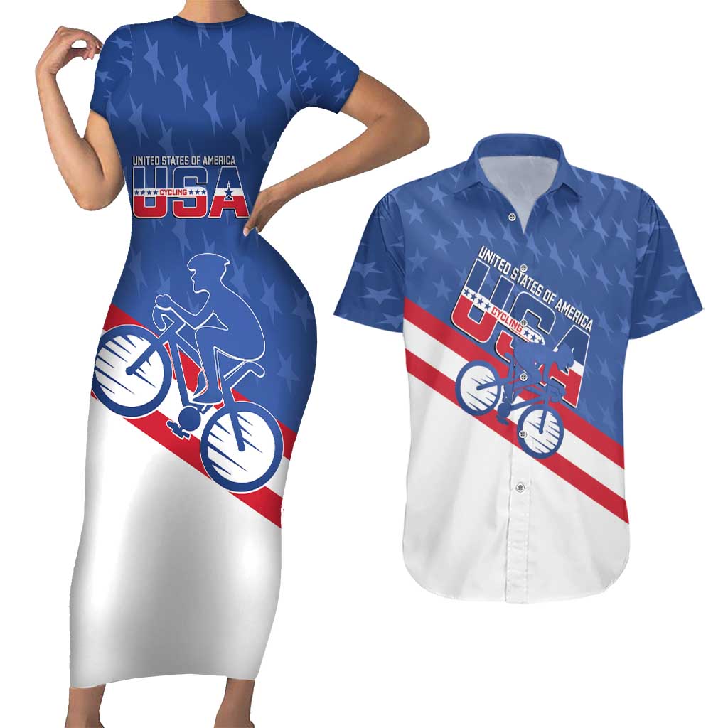 Personalized USA Cycling Couples Matching Short Sleeve Bodycon Dress and Hawaiian Shirt United States Bike Racing Lover - Wonder Print Shop