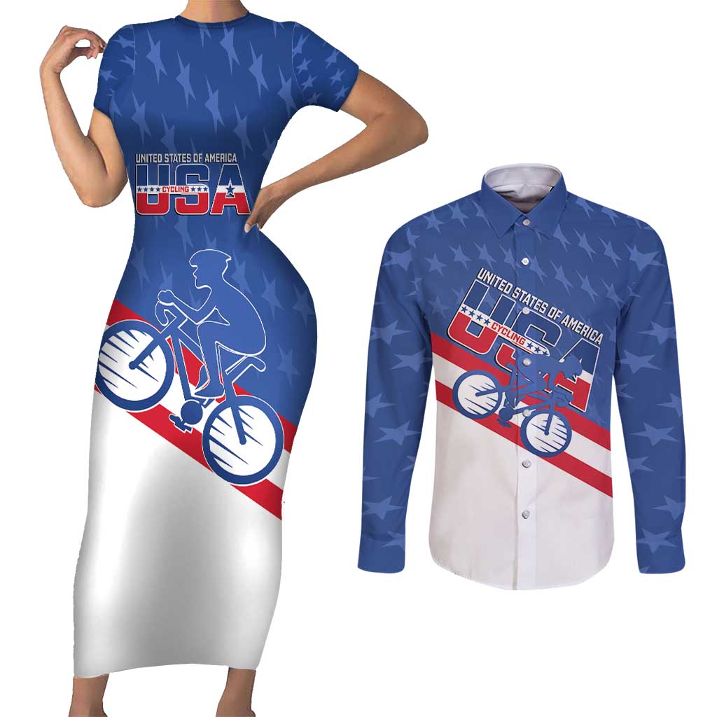 Personalized USA Cycling Couples Matching Short Sleeve Bodycon Dress and Long Sleeve Button Shirt United States Bike Racing Lover - Wonder Print Shop