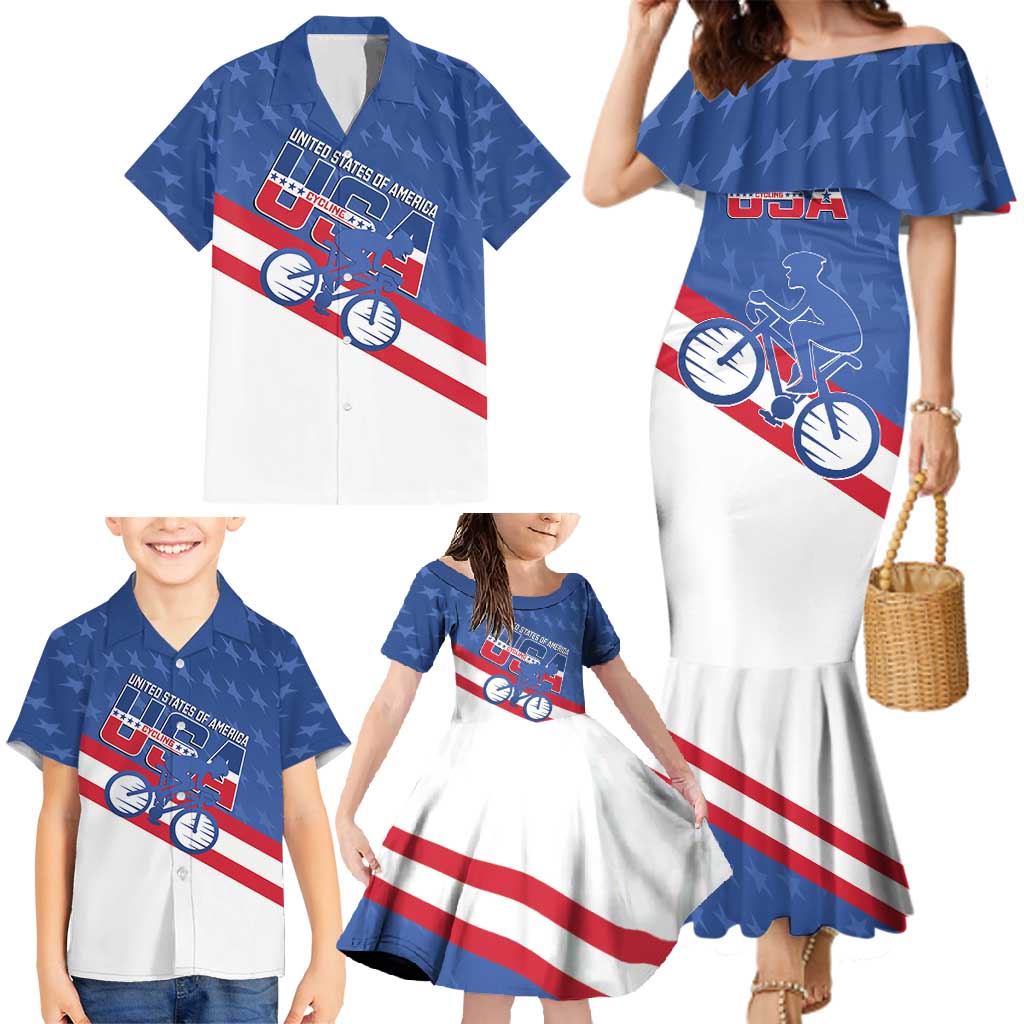 Personalized USA Cycling Family Matching Mermaid Dress and Hawaiian Shirt United States Bike Racing Lover - Wonder Print Shop