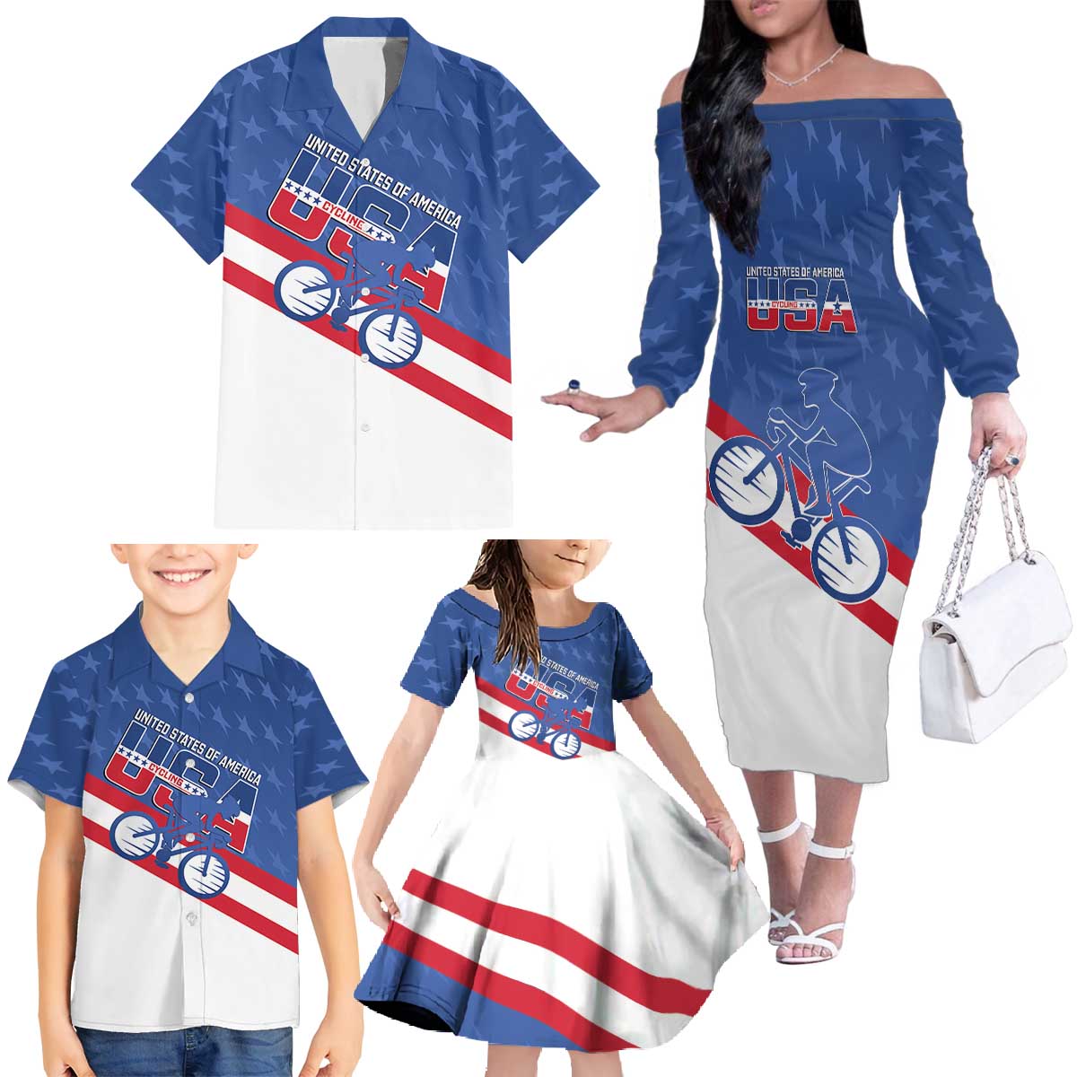 Personalized USA Cycling Family Matching Off The Shoulder Long Sleeve Dress and Hawaiian Shirt United States Bike Racing Lover - Wonder Print Shop