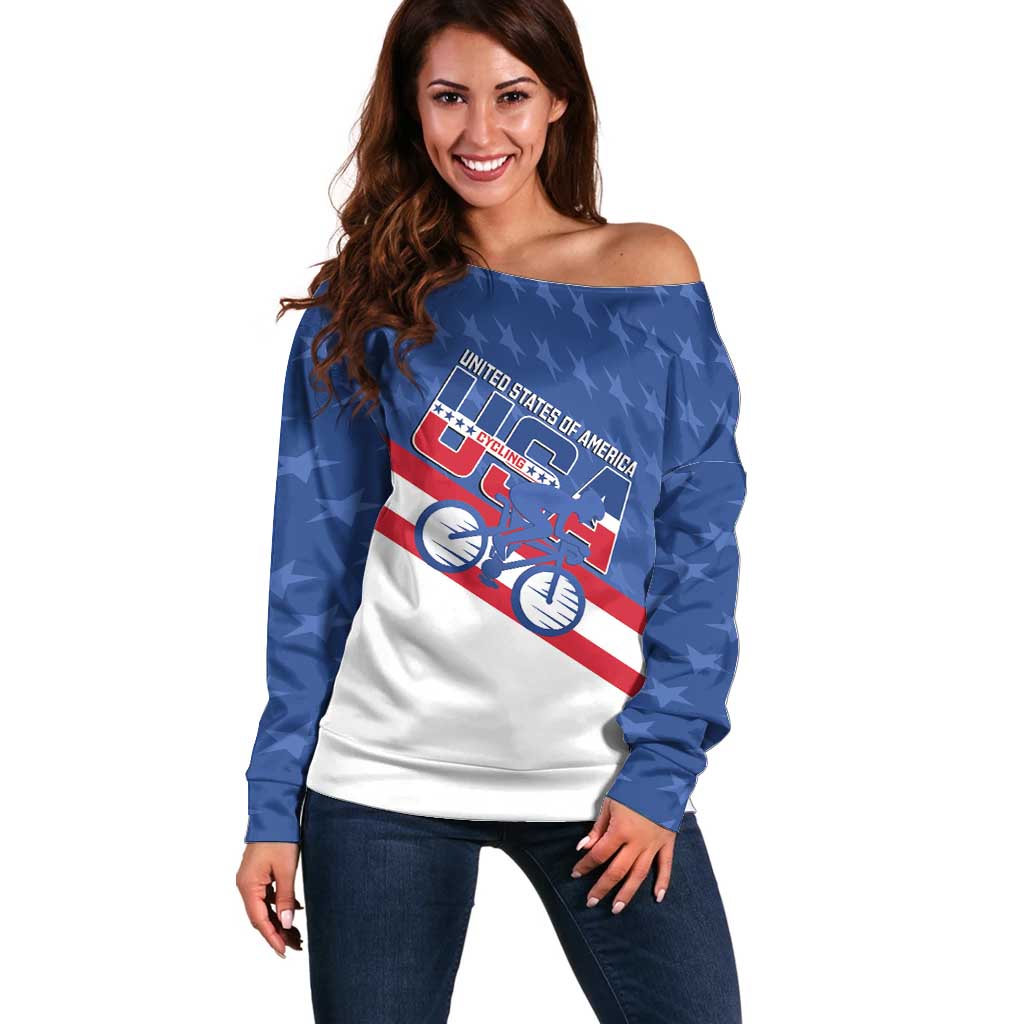 Personalized USA Cycling Off Shoulder Sweater United States Bike Racing Lover - Wonder Print Shop