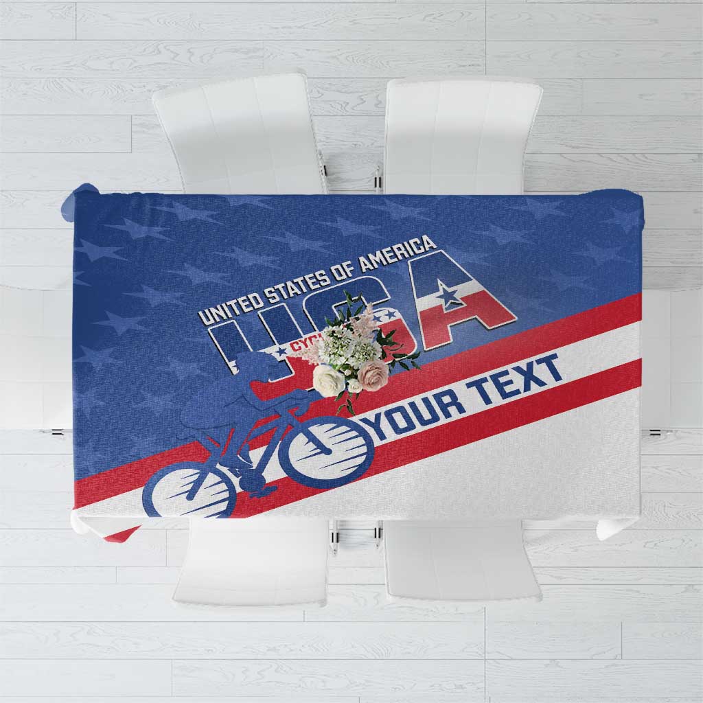 USA cycling tablecloth: blue, red, white flag with bike graphic and YOUR TEXT