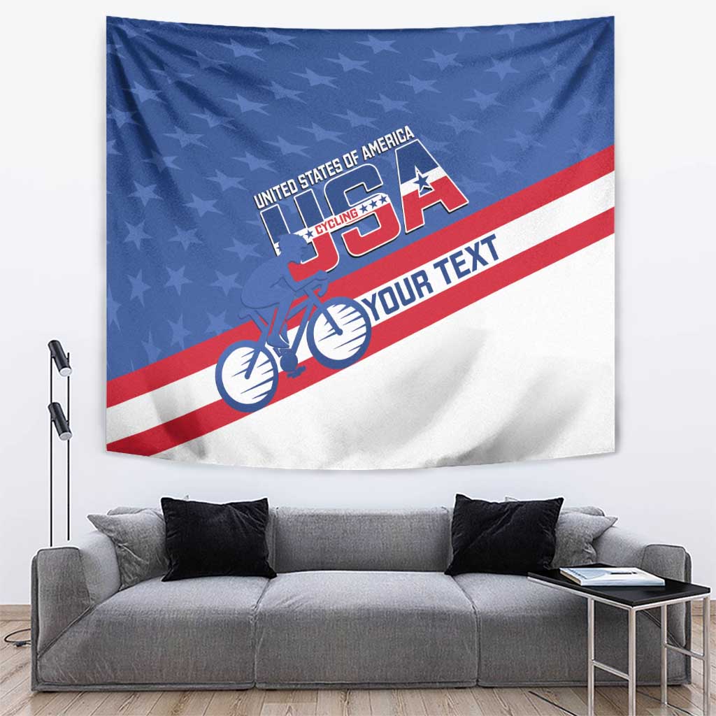 Rectangular wall tapestry with blue stars, red stripes, and bike graphic with your text.