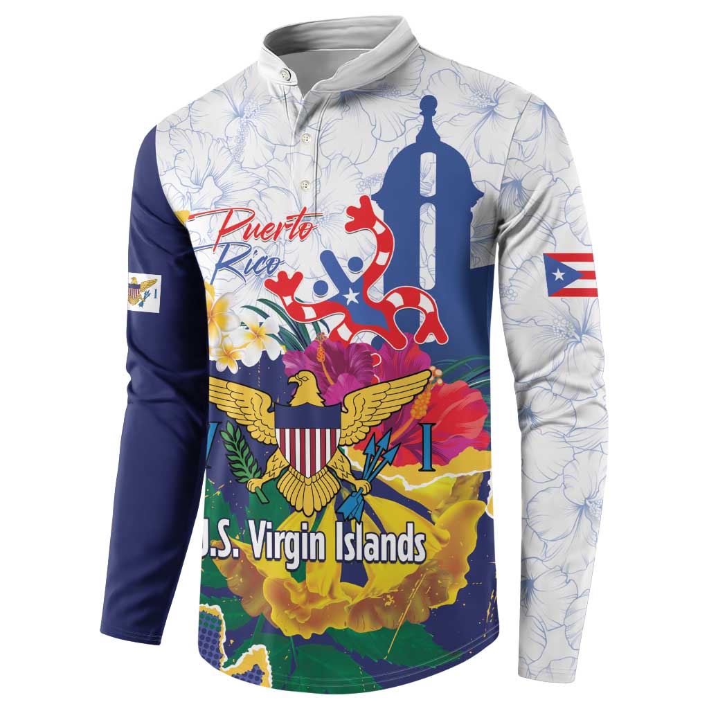 Men’s zip sweatshirt front view with Puerto Rico text, eagle crest, flowers, and U.S. Virgin Islands