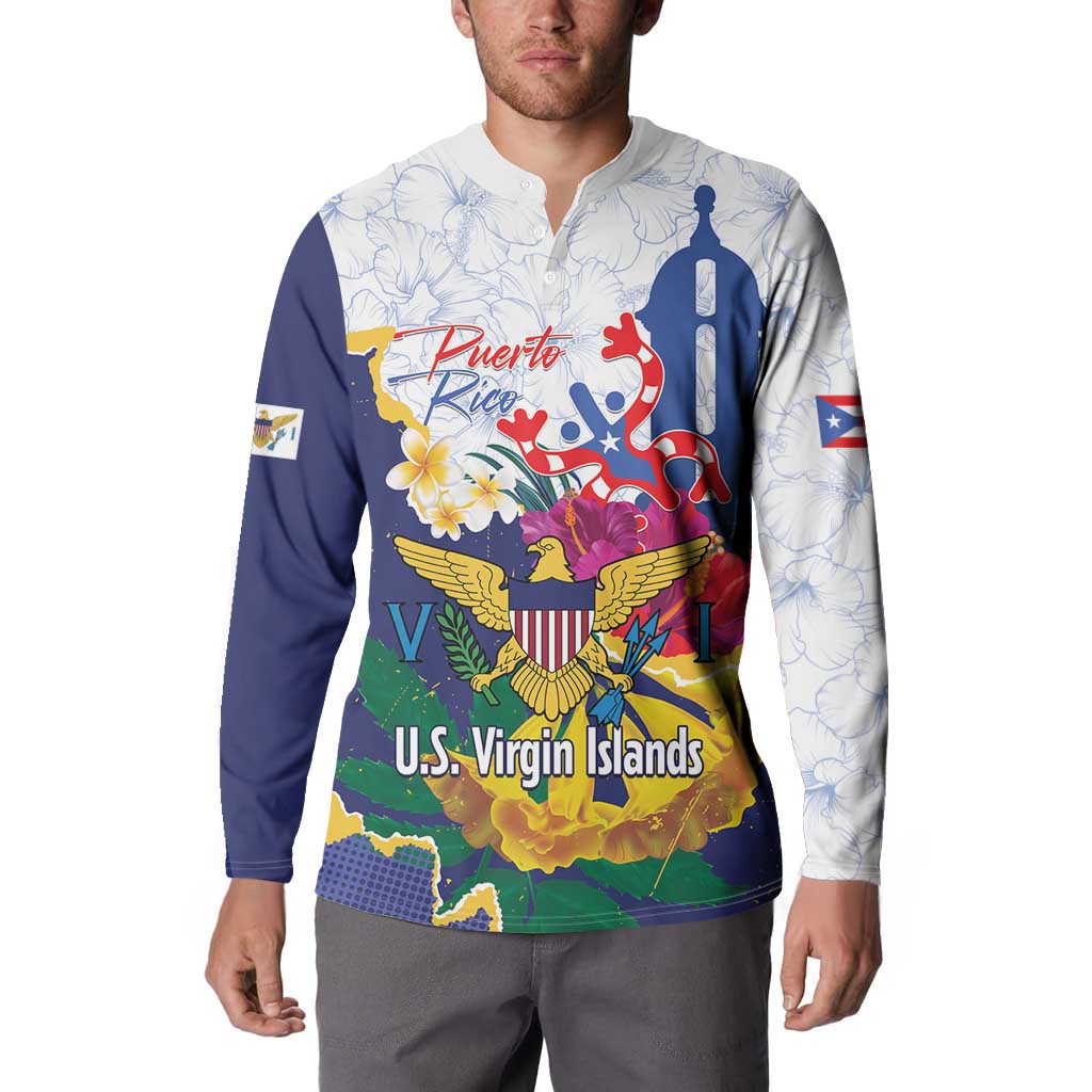 Men’s zip sweatshirt worn on model, front graphic with Puerto Rico text and U.S. Virgin Islands eagle