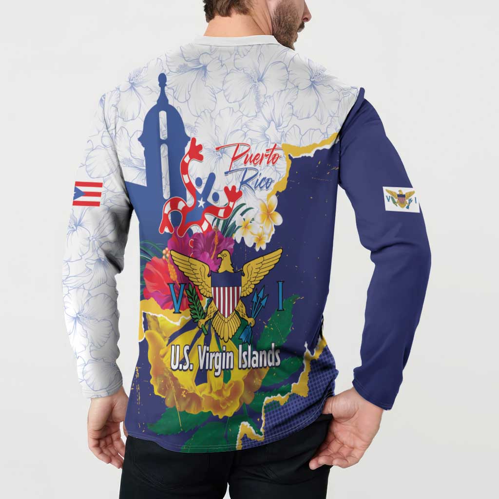 Men’s zip sweatshirt worn on model, back graphic with Puerto Rico text and eagle crest
