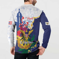 Men’s zip sweatshirt worn on model, back graphic with Puerto Rico text and eagle crest