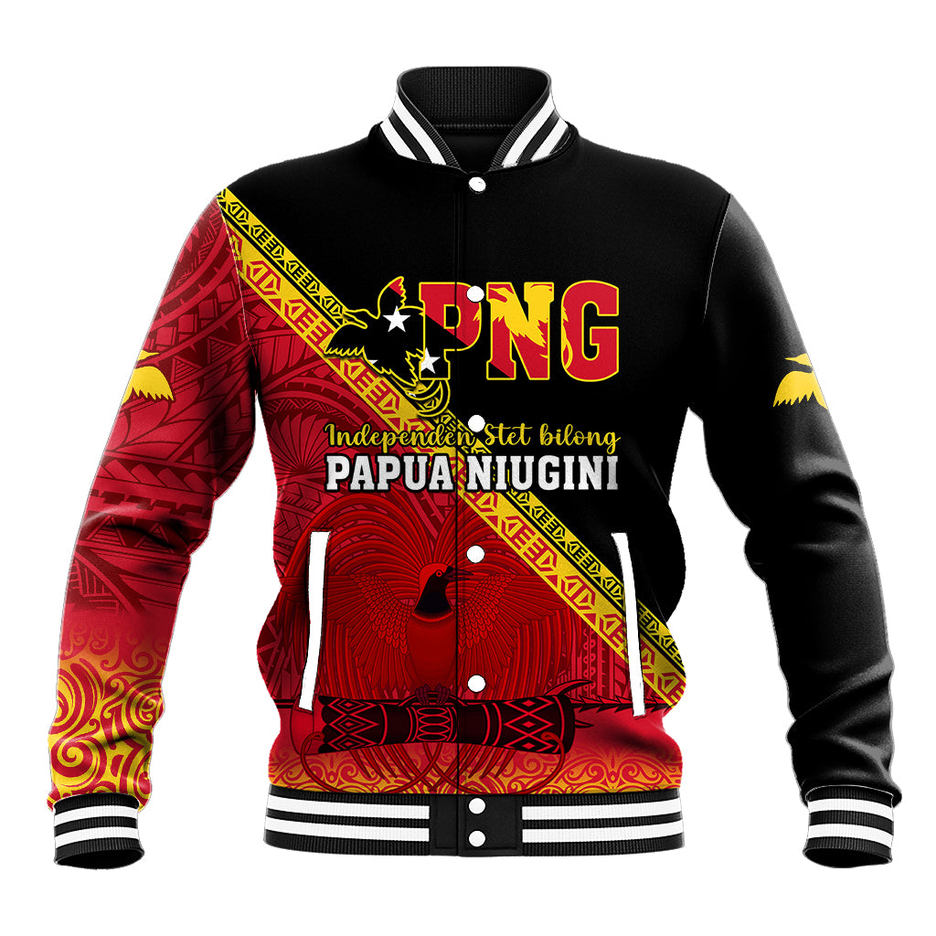Red and black baseball jacket with striped collar, button front, and PNG graphic