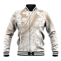 Beige tropical floral baseball jacket with striped ribbed collar, cuffs, and front buttons