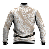 Beige tropical floral baseball jacket, striped ribbed collar and cuffs, full back print