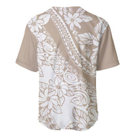 Beige baseball jersey with tropical floral and tribal print, short sleeves, back view