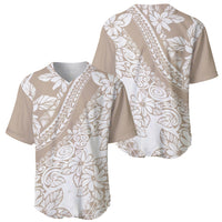Beige baseball jerseys shown front and back, tropical floral tribal print, short sleeves